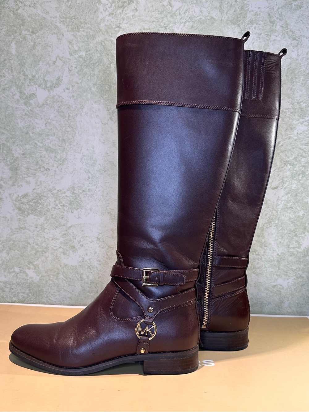 Michael Kors Fulton Harness Brown Leather Tall Riding Boots Gold MK Logo Sz 6